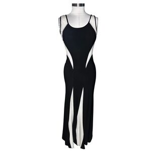 Vintage Symphony Black White Mesh Colorblock Maxi Dress Deep V Back Gown